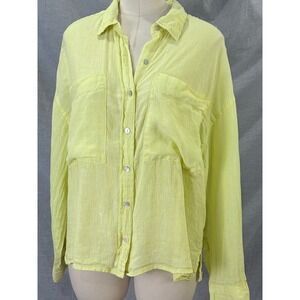Cynthia Rowley Womens 100% Linen Button Down Shirt Lime Yellow Large Long Sleeve